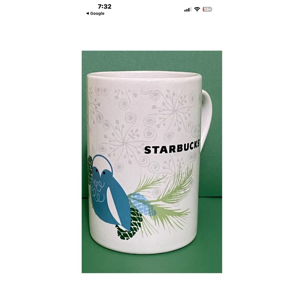 Starbucks 2011 Holiday Blue Owl Pinecone Coffee Mug 10oz White Ceramic Cup